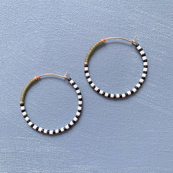 Large Beaded Hoop Earrings (2") - Olive + B&W | Alice Rise