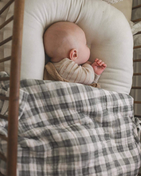 Baby sleeping in a basket with green gingham blanket