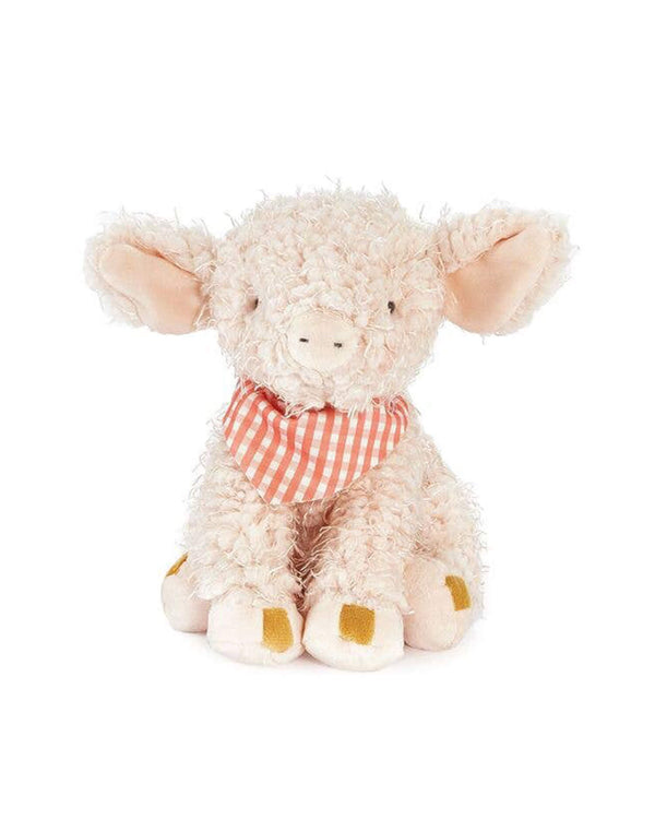 Plush toy sheep with a checkered scarf on a white background