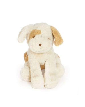 Plush toy dog with brown spots on a white background