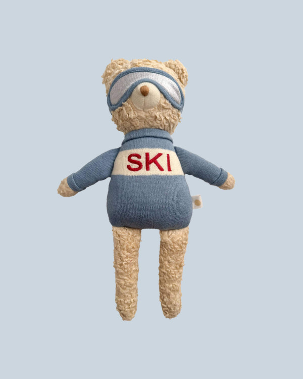 Teddy bear toy dressed in a blue ski outfit with 'SKI' on the back against a light blue background