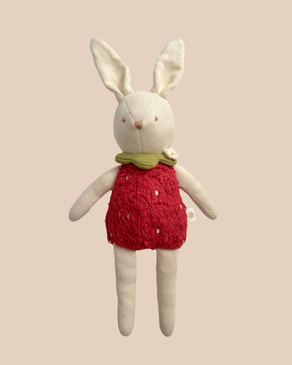 Stuffed bunny toy wearing a red dress with white polka dots and a green leafy neck on a beige background