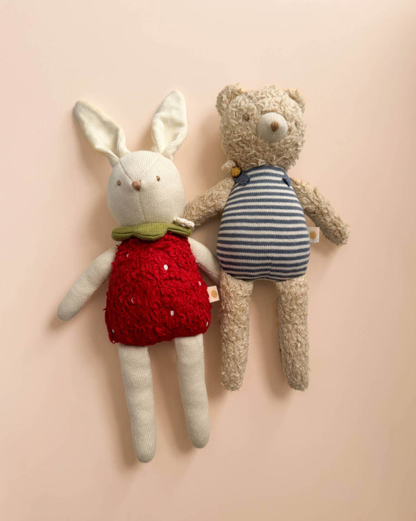 Stuffed rabbit and bear toys against a beige background