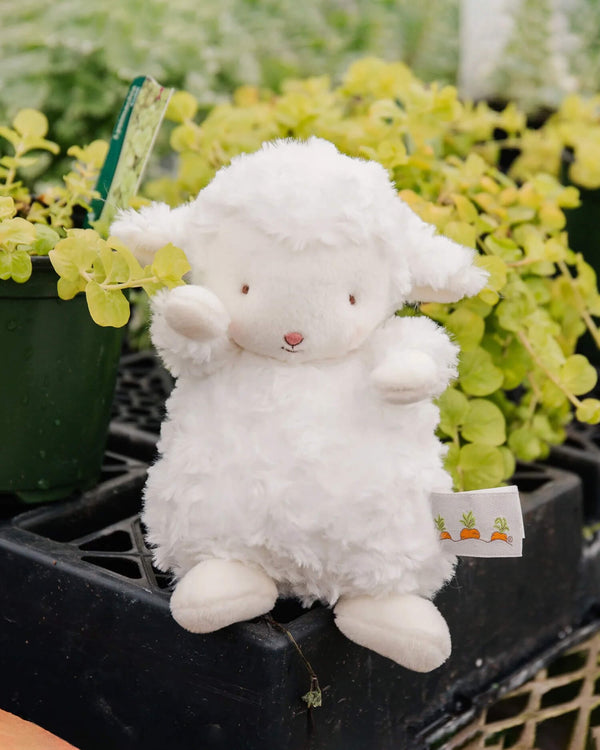 White fluffy toy sheep with a tag on a black surface with plants in the background