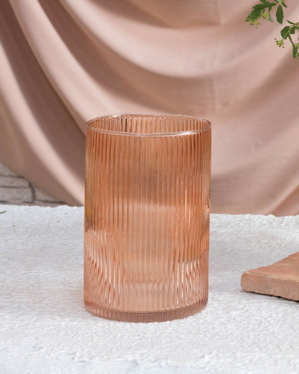Blush ribbed-glass vase option for the Luxe Arrangement, tall and elegant with a warm, modern sheen.
