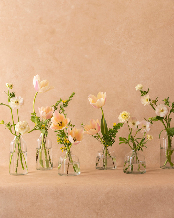 Set of small bud vases with mixed spring flowers — tulips, ranunculus, and wild greenery in clear glass vessels, Landfall Floral Co. in Edgewater, Denver.