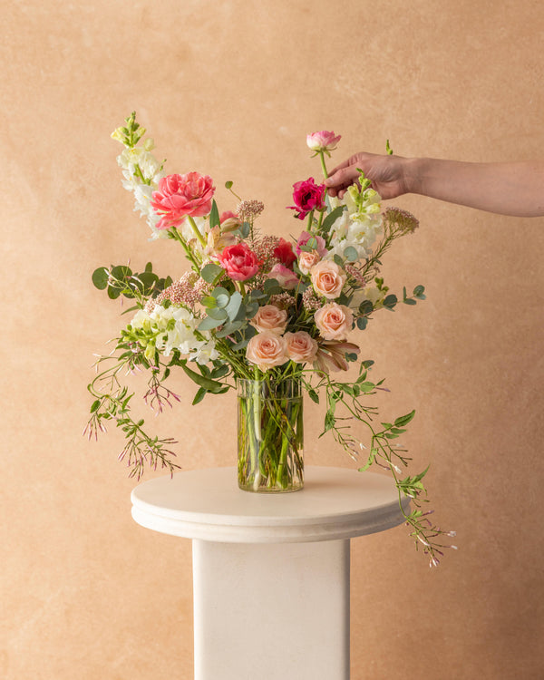 Mother's Day Classic Arrangement — grand garden-style arrangement with peony tulips, spray roses, and ranunculus in peach and blush, hand-arranged by Landfall Floral Co. in Edgewater, Denver