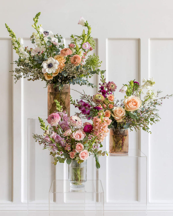 Side-by-side size comparison of the Signature, Classic, and Luxe Arrangements to show scale and fullness.