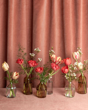 Assortment of Lovebug Valentine’s Day bud vases featuring tulips, waxflower, and soft greenery in clear and amber glass.