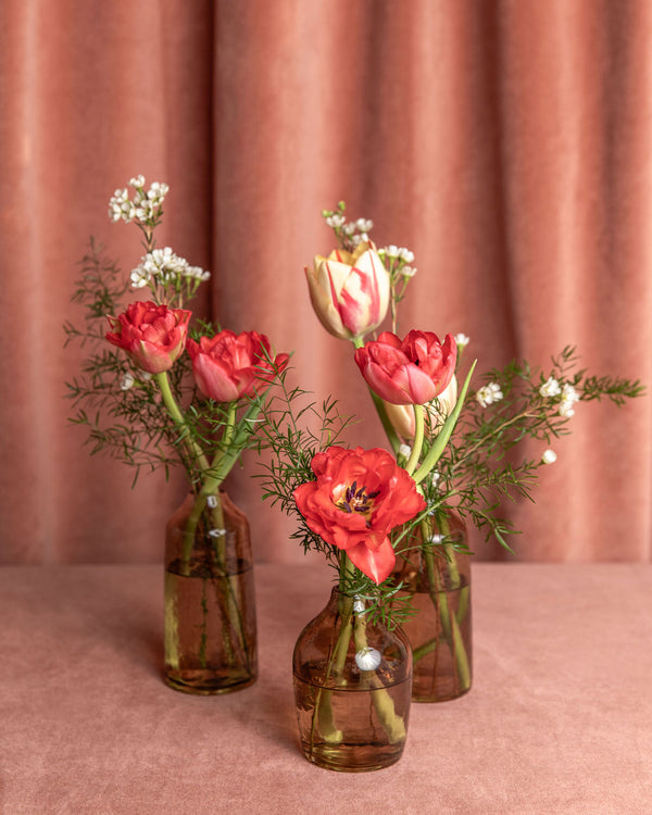Set of Lovebug Valentine’s Day bud vases in amber glass, arranged with tulips, waxflower, and airy greenery.